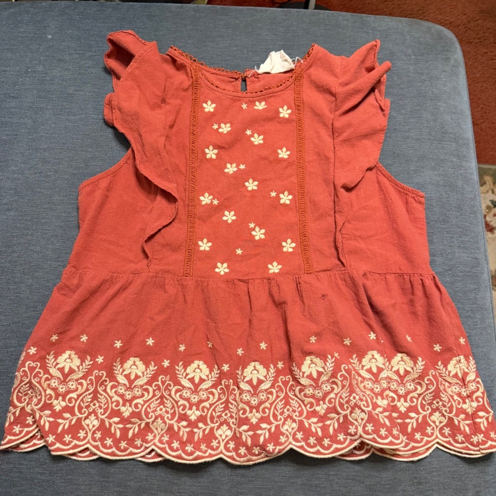 Savanna Jane Terracotta Rust Floral Embroidered Peplum Ruffle Blouse Medium